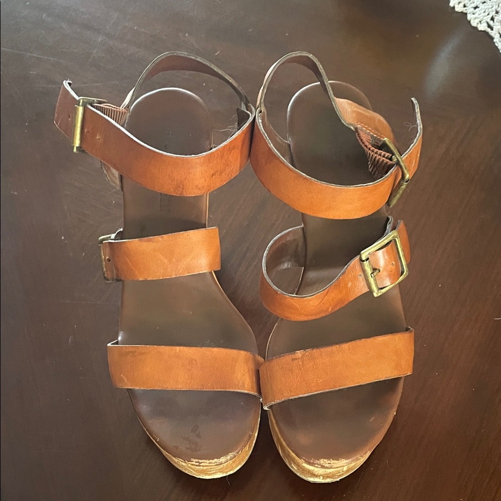 Brown Leather Women's Sandals vintage wood soles size 39